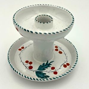 Vintage Christmas Holly Berry Hand Painted Taper Candle Holder. Signed. Italy.